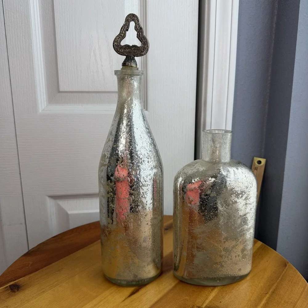 Pottery Barn Lot Of 2 Silver Mercury Glass Vase Bottles‎ Decor Boho Office